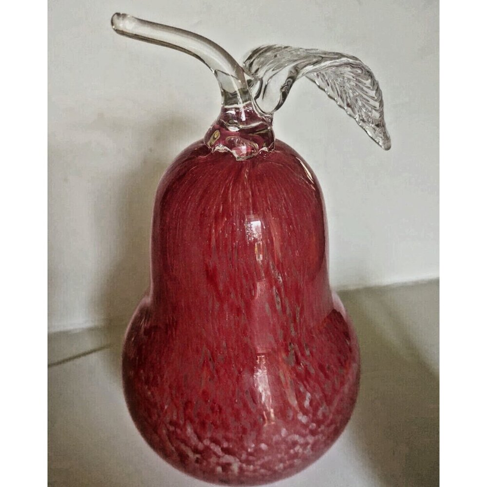 Hand Blown Glass Pear Ornament by Zorza Poland  8 1/2" with fused leaves